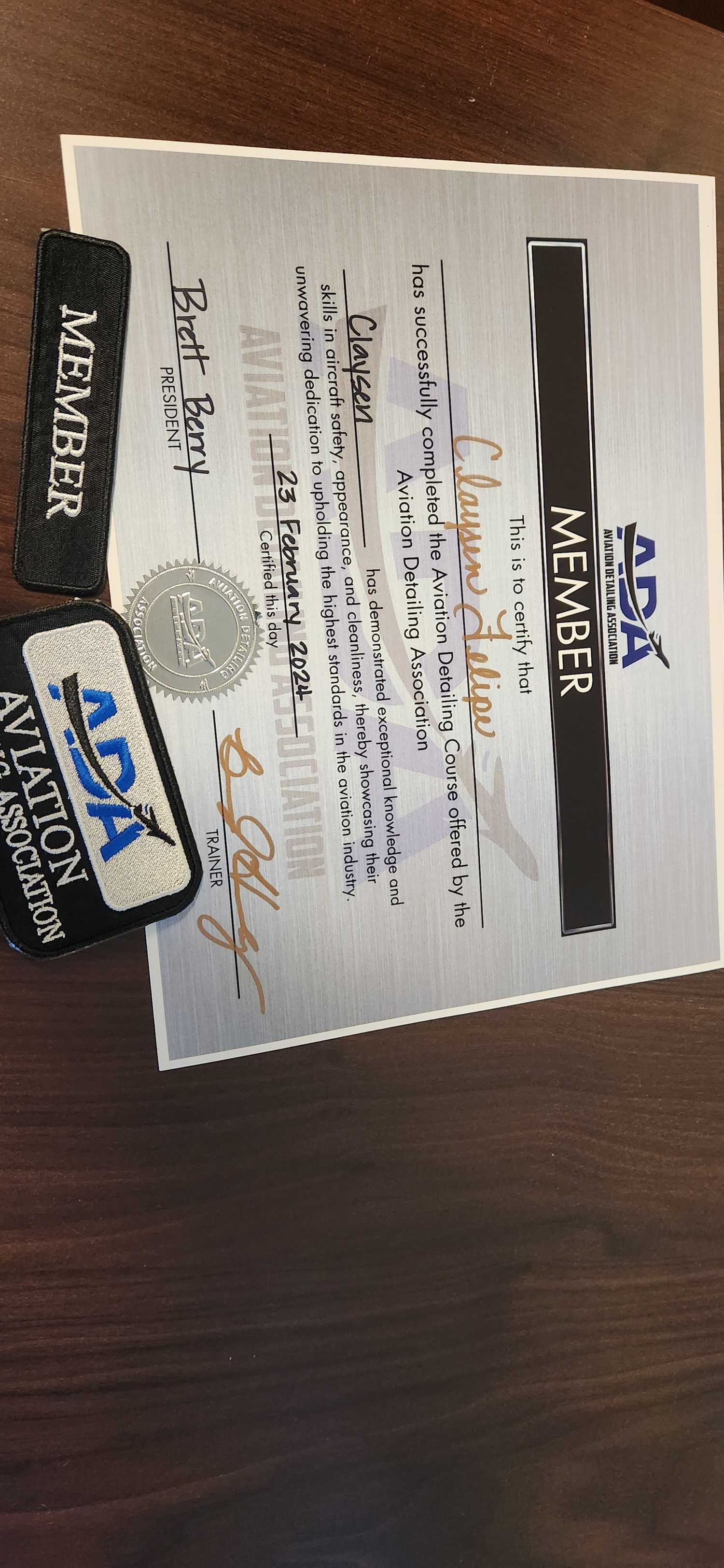 Aviation Detailing Association membership certificate and patches earned by Crystal Skies.